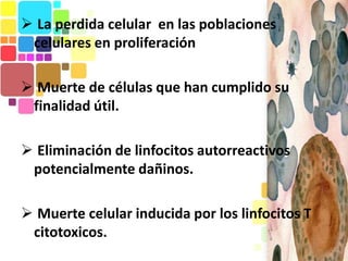  La perdida celular en las poblaciones
 celulares en proliferación

 Muerte de células que han cumplido su
 finalidad útil.

 Eliminación de linfocitos autorreactivos
 potencialmente dañinos.

 Muerte celular inducida por los linfocitos T
 citotoxicos.
 