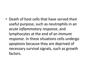 • Death of host cells that have served their
useful purpose, such as neutrophils in an
acute inflammatory response, and
lymphocytes at the end of an immune
response. In these situations cells undergo
apoptosis because they are deprived of
necessary survival signals, such as growth
factors.
 
