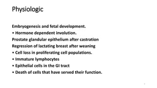 Physiologic
Embryogenesis and fetal development.
• Hormone dependent involution.
Prostate glandular epithelium after castration
Regression of lactating breast after weaning
• Cell loss in proliferating cell populations.
• Immature lymphocytes
• Epithelial cells in the GI tract
• Death of cells that have served their function.
7
 