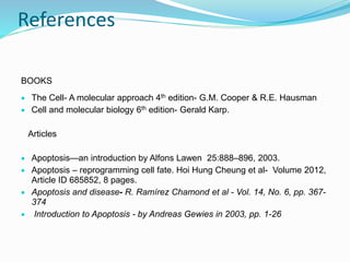 References
BOOKS
 The Cell- A molecular approach 4th edition- G.M. Cooper & R.E. Hausman
 Cell and molecular biology 6th edition- Gerald Karp.
Articles
 Apoptosis—an introduction by Alfons Lawen 25:888–896, 2003.
 Apoptosis – reprogramming cell fate. Hoi Hung Cheung et al- Volume 2012,
Article ID 685852, 8 pages.
 Apoptosis and disease- R. Ramírez Chamond et al - Vol. 14, No. 6, pp. 367-
374
 Introduction to Apoptosis - by Andreas Gewies in 2003, pp. 1-26
 