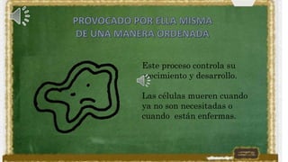 Este proceso controla su
crecimiento y desarrollo.
Las células mueren cuando
ya no son necesitadas o
cuando están enfermas.
 