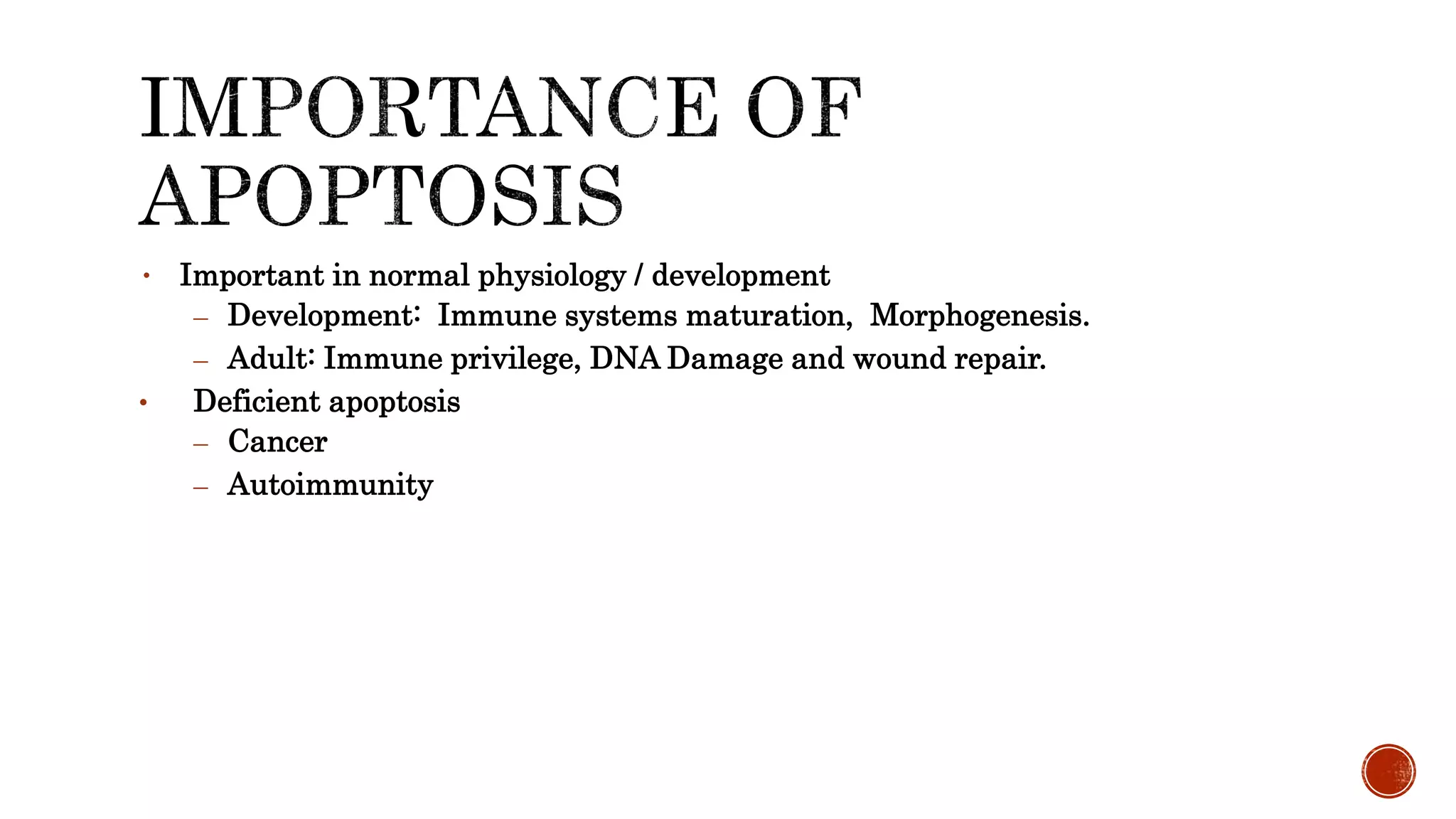 • Important in normal physiology / development
– Development: Immune systems maturation, Morphogenesis.
– Adult: Immune privilege, DNA Damage and wound repair.
• Deficient apoptosis
– Cancer
– Autoimmunity
 