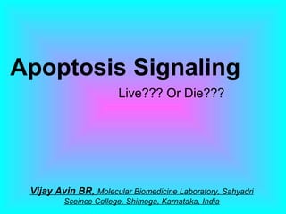 Apoptosis Signaling
Live??? Or Die???
Vijay Avin BR, Molecular Biomedicine Laboratory, Sahyadri
Sceince College, Shimoga, Karnataka, India
 