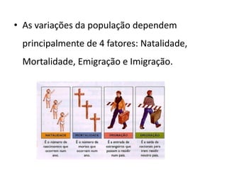 • As variações da população dependem
 principalmente de 4 fatores: Natalidade,
 Mortalidade, Emigração e Imigração.
 