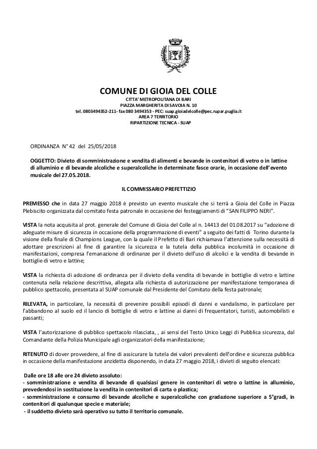 ordinanza divieto somministrazione e vendita bevande alcoliche