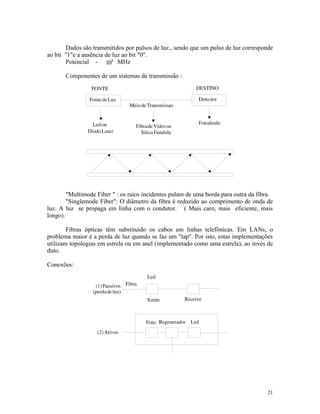 Dados são transmitidos por pulsos de luz., sendo que um pulso de luz corresponde
ao bit "1"e a ausência de luz ao bit "0".
       Potencial - 108 MHz

       Componentes de um sistemas de transmissão :




        "Multimode Fiber " : os raios incidentes pulam de uma borda para outra da fibra.
        "Singlemode Fiber": O diâmetro da fibra é reduzido ao comprimento de onda de
luz. A luz se propaga em linha com o condutor. ( Mais caro, mais eficiente, mais
longo).

        Fibras ópticas têm substituido os cabos em linhas telefônicas. Em LANs, o
problema maior é a perda de luz quando se faz um "tap". Por isto, estas implementações
utilizam topologias em estrela ou em anel (implementado como uma estrela), ao invés de
duto.

Conexões:




                                                                                      21
 