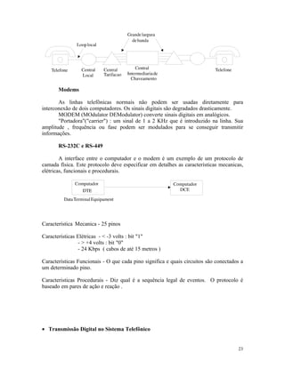 Modems

       As linhas telefônicas normais não podem ser usadas diretamente para
interconexão de dois computadores. Os sinais digitais são degradados drasticamente.
       MODEM (MOdulator DEModulator) converte sinais digitais em analógicos.
       "Portadora"("carrier") : um sinal de 1 a 2 KHz que é introduzido na linha. Sua
amplitude , frequência ou fase podem ser modulados para se conseguir transmitir
informações.

       RS-232C e RS-449

        A interface entre o computador e o modem é um exemplo de um protocolo de
camada física. Este protocolo deve especificar em detalhes as características mecanicas,
elétricas, funcionais e procedurais.




Característica Mecanica - 25 pinos

Características Elétricas - < -3 volts : bit "1"
                - > +4 volts : bit "0"
                - 24 Kbps ( cabos de até 15 metros )

Características Funcionais - O que cada pino significa e quais circuitos são conectados a
um determinado pino.

Caracteristicas Procedurais - Diz qual é a sequência legal de eventos. O protocolo é
baseado em pares de ação e reação .




• Transmissão Digital no Sistema Telefônico


                                                                                      23
 