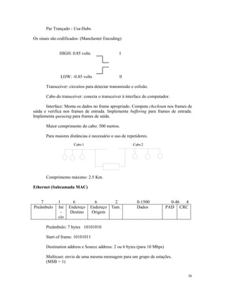 Par Trançado - Usa Hubs

Os sinais são codificados: (Manchester Encoding)


              HIGH: 0.85 volts                   1




               LOW: -0.85 volts                  0

       Transceiver: circuitos para detectar transmissão e colisão.

       Cabo do transceiver: conecta o transceiver à interface do computador.

       Interface: Monta os dados no frame apropriado. Computa checksum nos frames de
saída e verifica nos frames de entrada. Implementa buffering para frames de entrada.
Implementa queueing para frames de saída.

       Maior comprimento do cabo: 500 metros.

       Para maiores distâncias é necessário o uso de repetidores.




       Comprimento máximo: 2.5 Km.

Ethernet (Subcamada MAC)


    7         1       6           6           2            0-1500            0-46 4
Preâmbulo     Iní   Endereço    Endereço    Tam.           Dados           PAD CRC
               -     Destino     Origem
              cio

       Preâmbulo: 7 bytes 10101010

       Start of frame: 10101011

       Destination address e Source address: 2 ou 6 bytes (para 10 Mbps)

       Multicast: envio de uma mesma mensagem para um grupo de estações.
       (MSB = 1)


                                                                                  36
 