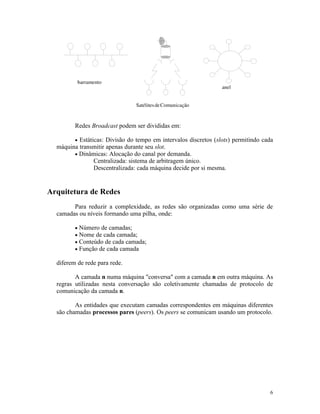 Redes Broadcast podem ser divididas em:

         •Estáticas: Divisão do tempo em intervalos discretos (slots) permitindo cada
  máquina transmitir apenas durante seu slot.
        • Dinâmicas: Alocação do canal por demanda.
                Centralizada: sistema de arbitragem único.
                Descentralizada: cada máquina decide por si mesma.


Arquitetura de Redes
        Para reduzir a complexidade, as redes são organizadas como uma série de
  camadas ou níveis formando uma pilha, onde:

         •   Número de camadas;
         •   Nome de cada camada;
         •   Conteúdo de cada camada;
         •   Função de cada camada

  diferem de rede para rede.

         A camada n numa máquina "conversa" com a camada n em outra máquina. As
  regras utilizadas nesta conversação são coletivamente chamadas de protocolo de
  comunicação da camada n.

         As entidades que executam camadas correspondentes em máquinas diferentes
  são chamadas processos pares (peers). Os peers se comunicam usando um protocolo.




                                                                                   6
 