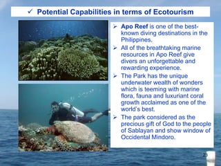  Potential Capabilities in terms of Ecotourism
 Apo Reef is one of the bestknown diving destinations in the
Philippines....