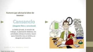 Factoresqueafectanlalaborde
innovar:
La doble jornada, la revisión de
trabajos, la planeación didáctica, las
actividades extracurriculares, hacen
que el docente viva un estrés y un
desgaste permanente.
(Badilla A., Rita, Baltodano, Víctor).
Paola Hernández Gómez
 