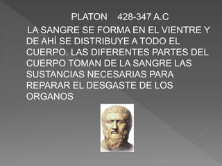 PLATON 428-347 A.C
LA SANGRE SE FORMA EN EL VIENTRE Y
DE AHÍ SE DISTRIBUYE A TODO EL
CUERPO. LAS DIFERENTES PARTES DEL
CUERPO TOMAN DE LA SANGRE LAS
SUSTANCIAS NECESARIAS PARA
REPARAR EL DESGASTE DE LOS
ORGANOS
 