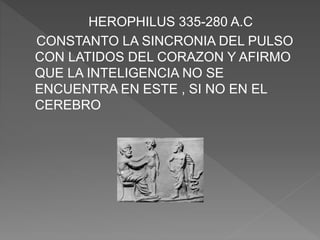 HEROPHILUS 335-280 A.C
CONSTANTO LA SINCRONIA DEL PULSO
CON LATIDOS DEL CORAZON Y AFIRMO
QUE LA INTELIGENCIA NO SE
ENCUENTRA EN ESTE , SI NO EN EL
CEREBRO
 