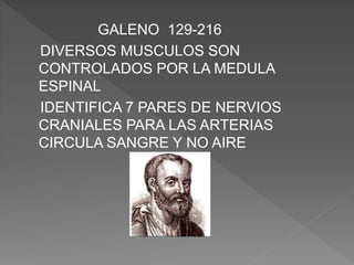 GALENO 129-216
DIVERSOS MUSCULOS SON
CONTROLADOS POR LA MEDULA
ESPINAL
IDENTIFICA 7 PARES DE NERVIOS
CRANIALES PARA LAS ARTERIAS
CIRCULA SANGRE Y NO AIRE
 