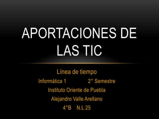 APORTACIONES DE
    LAS TIC
          Línea de tiempo
  Informática 1         2° Semestre
      Instituto Oriente de Puebla
       Alejandro Valle Arellano
             4°B N.L 25
 