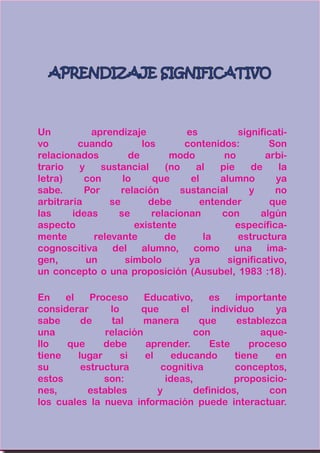 APRENDIZAJE SIGNIFICATIVO
Un aprendizaje es significati-
vo cuando los contenidos: Son
relacionados de modo no arbi-
trario y sustancial (no al pie de la
letra) con lo que el alumno ya
sabe. Por relación sustancial y no
arbitraria se debe entender que
las ideas se relacionan con algún
aspecto existente específica-
mente relevante de la estructura
cognoscitiva del alumno, como una ima-
gen, un símbolo ya significativo,
un concepto o una proposición (Ausubel, 1983 :18).
En el Proceso Educativo, es importante
considerar lo que el individuo ya
sabe de tal manera que establezca
una relación con aque-
llo que debe aprender. Este proceso
tiene lugar si el educando tiene en
su estructura cognitiva conceptos,
estos son: ideas, proposicio-
nes, estables y definidos, con
los cuales la nueva información puede interactuar.
 