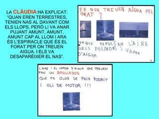 LA  CLÀUDIA  HA EXPLICAT: “QUAN EREN TERRESTRES, TENIEN NAS AL DAVANT COM ELS LLOPS. PERÒ LI VA ANAR PUJANT AMUNT, AMUNT, AMUNT CAP AL LLOM I ARA ÉS L’ESPIRACLE QUE ÉS EL FORAT PER ON TREUEN AIGUA. I ELS VA DESAPARÈIXER EL NAS”. 