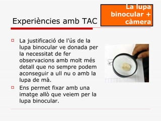 La justificació de l’ús de la lupa binocular ve donada per la necessitat de fer observacions amb molt més detall que no sempre podem aconseguir a ull nu o amb la lupa de mà. Ens permet fixar amb una imatge allò que veiem per la lupa binocular. La lupa binocular + càmera Experiències amb TAC 