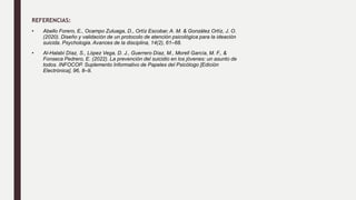 REFERENCIAS:
• Abello Forero, E., Ocampo Zuluaga, D., Ortíz Escobar, A. M. & González Ortíz, J. O.
(2020). Diseño y validación de un protocolo de atención psicológica para la ideación
suicida. Psychologia. Avances de la disciplina, 14(2), 61–68.
• Al-Halabí Díaz, S., López Vega, D. J., Guerrero Díaz, M., Morell García, M. F., &
Fonseca Pedrero, E. (2022). La prevención del suicidio en los jóvenes: un asunto de
todos. INFOCOP. Suplemento Informativo de Papeles del Psicólogo [Edición
Electrónica], 96, 8–9.
 