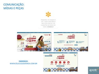 PRIMEIRO, FOI CRIADO O
SITE. TODA A MECÂNICA
ERA FEITA POR ELE. DO
CADASTRO AO ENVIO DE
VÍDEO. BOMBOU!
COMUNICAÇÃO:
MÍDIAS E PEÇAS
ENDEREÇO:
WWW.OSUCESSODAAREA.COM.BR
 