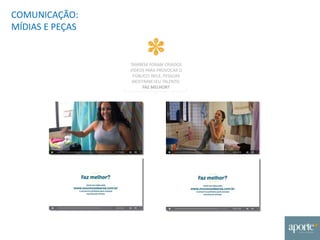 TAMBÉM FORAM CRIADOS
VÍDEOS PARA PROVOCAR O
PÚBLICO. NELE, PESSOAS
MOSTRAM SEU TALENTO.
FAZ MELHOR?
COMUNICAÇÃO:
MÍDIAS E PEÇAS
 