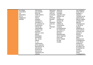 tecnología
computacio
nal,
especialme
nte, la
Inteligencia
Artificial.

información
que procede
tanto del
medio externo
como el
interno
(estados
somáticos y
mentales). 2.En oposición al
conductismo
radical, las
capacidades
innatas y los
procesos
internos, como
planes,
estrategias,
decisiones,
etc., toman
relieve.
3.- La
organización
de la cognición
descansa en la
articulación
dinámica de
estructuras
cognitivas (con
sustrato

estructura
cognitiva
como en
el estudio
de su
particular
proceso
de
transform
ación de
la
informaci
ón.

sobre los
procesos
mentales
seguidos para
resolver una
tarea),
medidas de
tiempos de
reacción,
análisis de
movimientos
oculares,
procedimientos
de medida de
memoria, y
técnicas
taquistoscópic
as son algunas
otras que
tienen utilidad
en este
modelo.

que establece
entre sistema
biológico y
máquina.
También se ha
destacado la
falta de validez
ecológica de
algunas
investigacione
s. No se ha
logrado
establecer un
marco teórico
unificado que
agrupe la
enorme
cantidad de
datos
dispersos de
investigacione
s que ahora
poseemos.
Las técnicas
se utilizan con
la finalidad de
evaluar
procesos,
varios
investigadores

 
