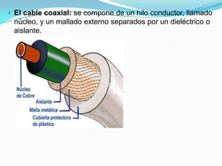  El cable coaxial: se compone de un hilo conductor, llamado

núcleo, y un mallado externo separados por un dieléctrico o
aislante.

 