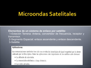 Elementos de un sistema de enlace por satélite:
1-Estación Terrena: Antena, convertidor de frecuencia, receptor y
transmisor.
2-Segmento Espacial: enlace ascendente y enlace descendente.
3-Satélite

 
