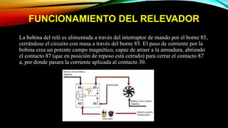 FUNCIONAMIENTO DEL RELEVADOR
La bobina del relé es alimentada a través del interruptor de mando por el borne 85,
cerrándose el circuito con masa a través del borne 85. El paso de corriente por la
bobina crea un potente campo magnético, capaz de atraer a la armadura, abriendo
el contacto 87 (que en posición de reposo está cerrado) para cerrar el contacto 87
a, por donde pasara la corriente aplicada al contacto 30.
 