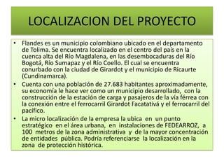 LOCALIZACION DEL PROYECTO
• Flandes es un municipio colombiano ubicado en el departamento
de Tolima. Se encuentra localizado en el centro del país en la
cuenca alta del Río Magdalena, en las desembocaduras del Río
Bogotá, Río Sumapaz y el Río Coello. El cual se encuentra
conurbado con la ciudad de Girardot y el municipio de Ricaurte
(Cundinamarca).
• Cuenta con una población de 27.683 habitantes aproximadamente,
su economía le hace ver como un municipio desarrollado, con la
construcción de la estación de carga y pasajeros de la vía férrea con
la conexión entre el ferrocarril Girardot Facatativá y el ferrocarril del
pacífico.
• La micro localización de la empresa la ubica en un punto
estratégico en el área urbana, en instalaciones de FEDEARROZ, a
100 metros de la zona administrativa y de la mayor concentración
de entidades pública. Podría referenciarse la localización en la
zona de protección histórica.
 