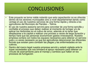 CONCLUSIONES
• Este proyecto se torna viable notando que esta capacitación no es ofrecida
dentro de los sectores municipales sino a nivel departamental dando como
ventaja el uso de nuestros servicios de una forma rápida y directa a los
agricultores del Municipio de Flandes – Tolima.
• El uso de nuestra asesoría servirá para concretar de una forma sencilla y
confiable el proceso que deben realizar al momento de fumigar y/o de
aplicar los herbicidas en el cultivo de arroz, además al no tener que
desplazarse a la capital a realizar una proceso a veces de larga duración y
tiempo hará que las personas economicen gastos innecesarios. Nuestra
empresa contara con todos los equipos necesarios para obtener un servicio
justo y a veces necesario ya que los agricultores desconocen las diferentes
formas que existen para combatir las plagas y las enfermedades en los
cultivos.
• Dentro del marco legal nuestra empresa servirá y estará vigilada ante la
súper sociedades que nos brindara el apoyo necesario para obtener un
vínculo de acercamiento para el manejo y cambios que hallan en los
procesos de fumigación
 