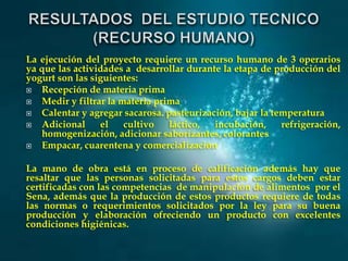 La ejecución del proyecto requiere un recurso humano de 3 operarios
ya que las actividades a desarrollar durante la etapa de producción del
yogurt son las siguientes:

Recepción de materia prima

Medir y filtrar la materia prima

Calentar y agregar sacarosa. pasteurización, bajar la temperatura

Adicional
el
cultivo
láctico,
incubación,
refrigeración,
homogenización, adicionar saborizantes, colorantes

Empacar, cuarentena y comercialización
La mano de obra está en proceso de calificación además hay que
resaltar que las personas solicitadas para estos cargos deben estar
certificadas con las competencias de manipulación de alimentos por el
Sena, además que la producción de estos productos requiere de todas
las normas o requerimientos solicitados por la ley para su buena
producción y elaboración ofreciendo un producto con excelentes
condiciones higiénicas.

 