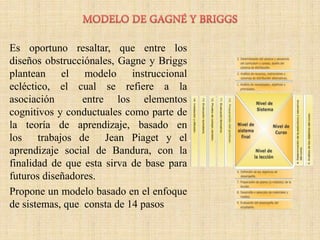 Es oportuno resaltar, que entre los
diseños obstrucciónales, Gagne y Briggs
plantean el modelo instruccional
ecléctico, el cual se refiere a la
asociación entre los elementos
cognitivos y conductuales como parte de
la teoría de aprendizaje, basado en
los trabajos de Jean Piaget y el
aprendizaje social de Bandura, con la
finalidad de que esta sirva de base para
futuros diseñadores.
Propone un modelo basado en el enfoque
de sistemas, que consta de 14 pasos
 