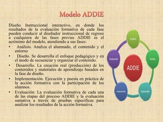 Diseño Instruccional interactivo, en donde los
resultados de la evaluación formativa de cada fase
pueden conducir al diseñador instruccional de regreso
a cualquiera de las fases previas ADDIE es el
acrónimo del modelo, atendiendo a sus fases:
• Análisis. Analiza el alumnado, el contenido y el
entorno
• Diseño. Se desarrolla el enfoque pedagógico y en
el modo de secuenciar y organizar el contenido.
• Desarrollo. La creación real (producción) de los
contenidos y materiales de aprendizaje basados en
la fase de diseño.
• Implementación. Ejecución y puesta en práctica de
la acción formativa con la participación de los
alumnos.
• Evaluación: La evaluación formativa de cada una
de las etapas del proceso ADDIE y la evaluación
sumativa a través de pruebas específicas para
analizar los resultados de la acción formativa.
 