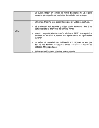  Se suelen utilizar en sonidos de fondo de páginas HTML o para 
escuchar composiciones musicales de carácter instrumental. 
OGG 
 El formato OGG ha sido desarrollado por la Fundación Xiph.org. 
 Es el formato más reciente y surgió como alternativa libre y de 
código abierto (a diferencia del formato MP3). 
 Muestra un grado de compresión similar al MP3 pero según los 
expertos en música la calidad de reproducción es ligeramente 
superior. 
 No todos los reproductores multimedia son capaces de leer por 
defecto este formato. En algunos casos es necesario instalar los 
códecs o filtros oportunos. 
 El formato OGG puede contener audio y vídeo. 
 