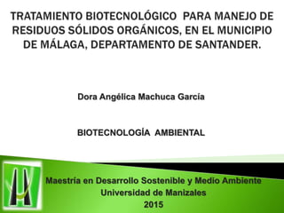 Dora Angélica Machuca García
BIOTECNOLOGÍA AMBIENTAL
Maestría en Desarrollo Sostenible y Medio Ambiente
Universidad de Manizales
2015
 
