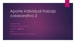 Aporte individual trabajo
colaborativo 2
GABBY IBÁÑEZ
ESTUDIANTE DE PSICOLOGÍA
GRUPO: 200610_6
UNAD
UNIVERSIDAD ABIERTA Y A DISTANCIA
 