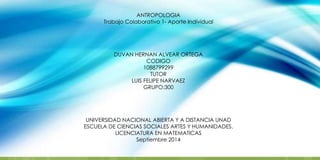 ANTROPOLOGIA
Trabajo Colaborativo 1- Aporte Individual
DUVAN HERNAN ALVEAR ORTEGA
CODIGO
1088799299
TUTOR
LUIS FELIPE NARVAEZ
GRUPO:300
UNIVERSIDAD NACIONAL ABIERTA Y A DISTANCIA UNAD
ESCUELA DE CIENCIAS SOCIALES ARTES Y HUMANIDADES.
LICENCIATURA EN MATEMATICAS
Septiembre 2014
 