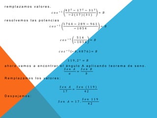 r e m p l a z a m o s v a l o r e s .
𝑐 𝑜 𝑠 − 1
4 2 2
− 1 7 2
− 3 1 2
− 2 ( 1 7 ) ( 3 1 )
= 𝐵
r e s o l v e m o s l a s p o t e n c i a s
𝑐 𝑜 𝑠 − 1
1 7 6 4 − 2 8 9 − 9 6 1
− 1 0 5 4
= 𝐵
𝑐 𝑜 𝑠 − 1
5 1 4
− 1 0 5 4
= 𝐵
𝑐 𝑜 𝑠 − 1
− 0 , 4 8 7 6 = 𝐵
1 1 9 , 2 ° = 𝐵
a h o r a v a m o s a e n c o n t r a r e l á n g u l o A a p l i c a n d o t e o r e m a d e s e n o .
𝑆 𝑒 𝑛 𝐴
𝑎
=
𝑆 𝑒 𝑛 𝐵
𝑏
R e m p l a z a m o s l o s v a l o r e s :
𝑆 𝑒 𝑛 𝐴
1 7
=
𝑆 𝑒 𝑛 ( 1 1 9 )
4 2
D e s p e j a m o s :
𝑆 𝑒 𝑛 𝐴 = 1 7 .
𝑆 𝑒 𝑛 1 1 9
4 2
 