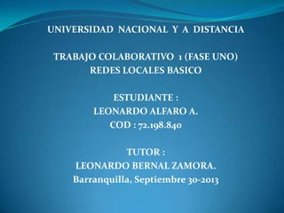 UNIVERSIDAD NACIONAL Y A DISTANCIA
TRABAJO COLABORATIVO 1 (FASE UNO)
REDES LOCALES BASICO
ESTUDIANTE :
LEONARDO ALFARO A.
COD : 72.198.840
TUTOR :
LEONARDO BERNAL ZAMORA.
Barranquilla, Septiembre 30-2013
 