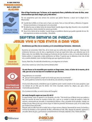 12
ACTUAR CON
MISERICORDIA
Dice el Papa Francisco que “la Pascua, en la experiencia llena y definitiva del amor de Dios, amor
misericordioso que dona alegría, paz y vida eterna”.
Por eso proponemos para esta semana tres acciones que podrán llevarnos a actuar con la alegría de la
Misericordia”.
v  Cuando leas la Biblia no la leas como si fuera una revista. Toma un trozo del texto y reﬂexiona al respecto.
Siempre encontrarás un mensaje para ti y la comunidad.
v  No todas las cosas se deben tomar de manera literal. Cuando alguien diga algo chocante o raro, encuéntrale
el lado positivo, intenta entender las razones que tendrá.
v  Busca la luz dentro de las tinieblas. Cuando tengas un problema observa que puedes aprender de eso. De
toda experiencia se extrae una moraleja... Descúbrela.
ORAR EN
COMUNIDAD
SEPTIMA SEMANA DE PASCUA
JESÚS VIVE Y NOS INVITA A DAR VIDA
Acordémonos que Dios vive en nosotros y en la comunidad que formamos. Adorémosle.
Queremos ser conscientes, Padre Dios, de la misión que nos conﬁó Jesús antes de su partida. Quiso que nos
sintiéramos hermanos unos de otros y repartiéramos el pan por igual entre todos, que veláramos que no le
faltara nada a los más débiles. Nos encargó que hiciéramos de este mundo su reino, un mundo ideal, donde no
hubiera pobres ni marginados y todos pudiéramos ser felices. Y supimos que no debíamos mirar más al cielo
sino a nuestro alrededor.Jesús nos dejó el testigo para que siguiéramos la carrera.
Gracias, Padre Dios. Por todo ello te bendecimos y nos alegramos en tu honor.
¡Viva Cristo, nuestra Luz! ¡Viva Cristo, Camino,Verdad y Vida!
CONTEMPLAR
PARA ACTUAR
En esta Pascua se ha encendido para nosotros un fuego nuevo, Jesús, el Señor de la muerte y de la
vida, que con su luz nos hace ver la realidad con ojos distintos.
Preguntémonos con sinceridad:
v  ¿De qué manera podemos cumplir con la misión que Jesús nos encomienda?
v  ¿Cómo podemos insertarnos más en la vida de las y los excluidos y marginados?
A la luz de la Resurrección, entendemos que no podemos poner nuestro corazón en las cosas pasajeras y que
nos distraen de ser Vida para los demás. Con Cristo resucitado, seamos luz, alegría, paz, gozo, amor y
misericordia para los demás.
ESCUCHAR
A JESÚS
(En el contexto de la Misa, se omite la lectura del Evangelio)
Del santo Evangelio según san Lucas 24, 46-53
En aquel tiempo, Jesús se apareció a sus discípulos y les dijo: "Está escrito que el Mesías tenía que padecer y
había de resucitar de entre los muertos al tercer día, y que en su nombre se había de predicar a todas las
naciones, comenzando por Jerusalén, la necesidad de volverse a Dios y el perdón de los pecados. Ustedes son
testigos de esto. Ahora yo les voy a enviar al que mi Padre les prometió. Permanezcan, pues, en la ciudad, hasta
que reciban la fuerza de lo alto”.
Después salió con ellos fuera de la ciudad, hacia un lugar cercano a Betania; levantando las manos, los bendijo, y
mientras los bendecía, se fue apartando de ellos y elevándose al cielo. Ellos, después de adorarlo, regresaron a
Jerusalén, llenos de gozo, y permanecían constantemente en el templo, alabando a Dios. Palabra del Señor.
 