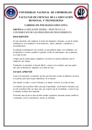 UNIVERSIDAD NACIONAL DE CHIMBORAZO
FACULTAD DE CIENCIAS DE LA EDUCACIÓN
HUMANAS, Y TEGNOLOGÍAS
CARRERA DE PSICOLOGÍA EDUCATIVA
GRUPO 4: LA RELACIÓN TEORÍA – PRÁCTICAY LA
CONTRIBUCION DE LOS PRINCIPIOS DE PROCEDIMIENTO.
DESCRIPCIÓN
En esta exposición solo explicaron la teoría dos integrantes del grupo, ya que las demás
contribuyeron en la realización de la motivación, videos, dinámica, conclusiones y
recomendaciones.
Sn embargo la participación fue excelente ya que pudieron llegar a los estudiantes con
la información correcta y pudieron responder a todas las interrogantes que se platearon
en el aula de clase.
Al igual que los demás grupos cumplieron con todos los aspectos indicados para la
realización del trabajo.
Terminando la exposición el docente felicito y aporto con su refuerzo para que quede
más clara la información impartida en el salón de clase.
LO QUE APRENDÍ
Como en la exposición se mencionó que hay que tener bien en claro la definición de teoría
y la práctica para saber la gran importancia de su relación.
Esta relación se refiere a como el docente y el alumno conviven en el aula de clase.
Los métodos que el profesor utiliza para que el aprendizaje sea de manera adecuada y que
no solo el profesor dicte sus clases sino que el aporte que da el estudiante, es decir lo que
el entendió de dicha clase impartida.
El docente antes de dar su clase de deber siempre prepararse, buscando aportes científicos
y sustentado con los conocimientos previos ya obtenidos.
 