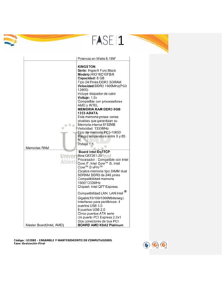 Código: 103380 - ENSAMBLE Y MANTENIMIENTO DE COMPUTADORES
Fase: Evaluación Final
Potencia en Watts 6.19W
Memorias RAM
KINGSTON
Serie: HyperX Fury Black
Modelo:HX316C10FB/8
Capacidad: 8 GB
Tipo 24 Pines DDR3 SDRAM
Velocidad:DDR3 1600MHz(PC3
12800)
Incluye disipador de calor
Voltaje: 1.5v
Compatible con procesadores
AMD y INTEL
MEMORIA RAM DDR3 8GB
1333 ADATA
Esta memoria posee varias
pruebas que garantizan su
Memoria interna 8192MB
Velocidad: 1333MHz
Tipo de memoria PC3-10600
Rango temperatura entre 0 y 85
ºC
Voltaje 1.5
Master Board(Intel, AMD)
Board Intel Dq77CP
Bios:G67261-201
Procesador : Compatible con Intel
Core i7, Intel CoreTm
i5, Intel
CoreTM
i3 vProTM
Zócalos memoria tipo DIMM dual
SDRAM DDR3 de 240 pines
Compatibilidad memoria
1600/1333MHz
Chipset: Intel Q77 Express
Compatibilidad LAN: LAN Intel ®
Gigabit(10/100/1000Mbits/seg)
Interfaces para periféricos: 4
puertos USB 3.0
8 puertos USB 2.0
Cinco puertos ATA serie
Un puerto PCI Express 2.0x1
Dos conectores de bus PCI
BOARD AMD K9A2 Platinum
 