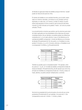 de llenado es igual para todas las botellas aunque el término ‘caudal’
      puede ser desconocido para los niños.


      El número de botellas es una cantidad discreta y, por lo tanto, expre-
      sada con números naturales; y el tiempo es una cantidad continua
      expresada, en cada caso, con número y unidad. En efecto, la parte
      entera está expuesta en forma numérica; pero la fracción del entero
                 1
      incluido ( — ) está indicada con la palabra “medio”, así como la unidad
                2
      utilizada, minuto.


      Los procedimientos correctos que podrían usar los alumnos para resol-
      ver están explicados por las propiedades de las relaciones de propor-
      cionalidad directa. Así por ejemplo, es posible analizar las diferencias
      constantes de 1 y    1
                           —   en cada columna, o que a 2 de diferencia en la
                           2
      cantidad de botellas corresponde 1 minuto de diferencia en el tiempo
      de llenado (Procedimiento A). Por otra parte, si a 5 botellas le corres-
      ponden 2 minutos y       1
                               —;   y a 4, 2 minutos, entonces, a 9 botellas le van
                               2
      a corresponder 4 minutos y        1
                                        —   (Procedimiento B).
                                        2




      También es posible usar la “propiedad escalar”. Por ejemplo, entre
      los pares (2 ; 1) y (4 ; 2) “al doble de botellas corresponde el doble de
      tiempo de llenado” (Procedimiento B) y de allí calcular que como 9 es
      el triple de 3 botellas le corresponde el triple de 1 minuto y medio. El
      triple, además, se podría calcular multiplicando o sumando.




      Asimismo la propiedad de la suma de pares y la suma de sus corres-
      pondientes (Procedimiento C), por ejemplo, a la suma de 2 + 3 le
      corresponde la suma de 1 minuto + 1 minuto y medio.




114
 