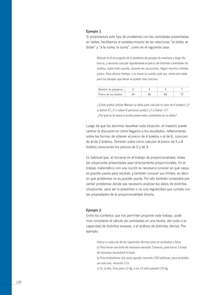 ejemplo 1
      Si proponemos este tipo de problemas con las cantidades presentadas
      en tablas, facilitamos el establecimiento de las relaciones “al doble, el
      doble” y “a la suma, la suma”, como en el siguiente caso:


             Manuel es el encargado de la boletería de pasajes de mediana y larga dis-
             tancia, y necesita calcular rápidamente el precio de distintas cantidades de
             boletos, sobre todo cuando, durante las vacaciones, llegan muchos clientes
             juntos. Para ahorrar tiempo, y no hacer la cuenta cada vez, armó esta tabla
             para los pasajes que llevan al pueblo más cercano.


              Número de pasajeros          2            3             5            7
              Precio de los boletos        24          36            60            72



             -¿Cómo podría utilizar Manuel su tabla para calcular el valor de 4 boletos? ¿Y
             si fueran 6? ¿Y si suben 8 personas juntas? ¿Y si fueran 12?
             -¿Por qué se le habrá ocurrido poner estas cantidades en su tabla?


      Luego de que los alumnos resuelvan esta situación, el maestro puede
      centrar la discusión en cómo llegaron a los resultados, reflexionando
      sobre las formas de obtener el precio de 4 boletos o el de 6, conocien-
      do el de 2 boletos. También sobre cómo calcular el precio de 5 u 8
      boletos conociendo los precios de 2 y de 3.


      Es habitual que, al iniciarse en el trabajo de proporcionalidad, todas
      las situaciones presentadas sean directamente proporcionales. En el
      trabajo matemático con una noción es necesario conocer en qué casos
      es posible usarla para resolver, y también conocer sus límites; es decir
      en qué problemas no es posible usarla. Por ello también convendrá pre-
      sentar problemas donde sea necesario analizar los datos de distintas
      situaciones, para ver si presentan o no una regularidad que cumpla con
      las propiedades de la proporcionalidad directa.



      ejemplo 2
      Entre los contextos que nos permiten proponer este trabajo, pode-
      mos considerar el cálculo de cantidades en una receta, del costo o la
      capacidad de distintos envases, o el análisis de distintas ofertas. Por
      ejemplo:


             Indica si cada una de las siguientes afirmaciones es verdadera o falsa:
             a) Para hacer una torta de manzana necesito 3 huevos; para hacer 3 tortas
             de manzana necesitaré el triple.
             b) Para embaldosar dos aulas iguales necesito 238 baldosas; para embaldo-
             sar solo una, necesito 119.
             c) Si, al año, Ema pesa 12 kg, a los 10 años pesará 120 kg.



120
 