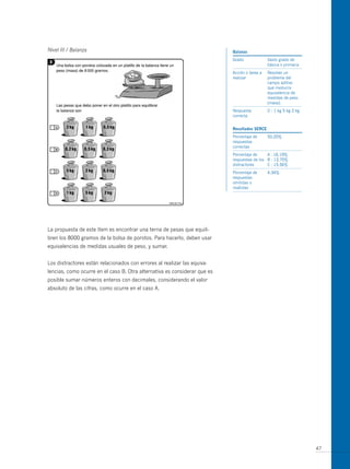 Nivel III / Balanza                                                        Balanza
                                                                           Grado              Sexto grado de
                                                                                              básica o primaria
                                                                           Acción o tarea a   Resolver un
                                                                           realizar           problema del
                                                                                              campo aditivo
                                                                                              que involucra
                                                                                              equivalencia de
                                                                                              medidas de peso
                                                                                              (masa).
                                                                           Respuesta          D : 1 kg 5 kg 2 kg
                                                                           correcta


                                                                           resultados serce
                                                                           Porcentaje de      50,20%
                                                                           respuestas
                                                                           correctas
                                                                           Porcentaje de     A : 16,19%
                                                                           respuestas de los B : 13,70%
                                                                           distractores      C : 15,56%
                                                                           Porcentaje de      4,34%
                                                                           respuestas
                                                                           omitidas o
                                                                           inválidas




La propuesta de este ítem es encontrar una terna de pesas que equili-
bren los 8000 gramos de la bolsa de porotos. Para hacerlo, deben usar
equivalencias de medidas usuales de peso, y sumar.


Los distractores están relacionados con errores al realizar las equiva-
lencias, como ocurre en el caso B. otra alternativa es considerar que es
posible sumar números enteros con decimales, considerando el valor
absoluto de las cifras, como ocurre en el caso A.




                                                                                                                   47
 