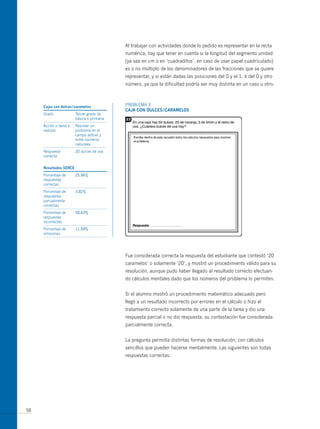 Al trabajar con actividades donde lo pedido es representar en la recta
                                            numérica, hay que tener en cuenta si la longitud del segmento unidad
                                            (ya sea en cm o en ‘cuadraditos’, en caso de usar papel cuadriculado)
                                            es o no múltiplo de los denominadores de las fracciones que se quiere
                                            representar, y si están dadas las posiciones del 0 y el 1, ó del 0 y otro
                                            número, ya que la dificultad podría ser muy distinta en un caso u otro.



     cajas con dulces/caramelos             PRoBLEmA 3
                                            caja coN dulces/caramelos
     Grado              Tercer grado de
                        básica o primaria
     Acción o tarea a   Resolver un
     realizar           problema en el
                        campo aditivo y
                        entre números
                        naturales.
     Respuesta          20 dulces de uva
     correcta


     resultados serce
     Porcentaje de      25,96%
     respuestas
     correctas
     Porcentaje de      3,82%
     respuestas
     parcialmente
     correctas
     Porcentaje de      58,63%
     respuestas
     incorrectas
     Porcentaje de      11,58%
     omisiones




                                            Fue considerada correcta la respuesta del estudiante que contestó ‘20
                                            caramelos’ o solamente ‘20’, y mostró un procedimiento válido para su
                                            resolución, aunque pudo haber llegado al resultado correcto efectuan-
                                            do cálculos mentales dado que los números del problema lo permiten.


                                            Si el alumno mostró un procedimiento matemático adecuado pero
                                            llegó a un resultado incorrecto por errores en el cálculo o hizo el
                                            tratamiento correcto solamente de una parte de la tarea y dio una
                                            respuesta parcial o no dio respuesta, su contestación fue considerada
                                            parcialmente correcta.


                                            La pregunta permitía distintas formas de resolución, con cálculos
                                            sencillos que pueden hacerse mentalmente. Las siguientes son todas
                                            respuestas correctas:




58
 
