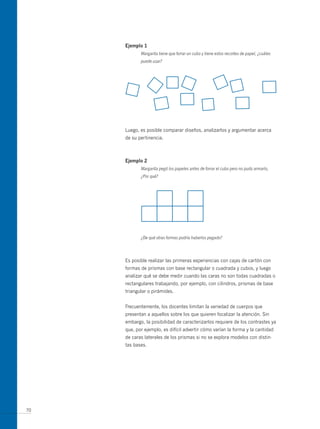 ejemplo 1
            Margarita tiene que forrar un cubo y tiene estos recortes de papel, ¿cuáles
            puede usar?




     Luego, es posible comparar diseños, analizarlos y argumentar acerca
     de su pertinencia.



     ejemplo 2
            Margarita pegó los papeles antes de forrar el cubo pero no pudo armarlo,
            ¿Por qué?




            ¿De qué otras formas podría haberlos pegado?




     Es posible realizar las primeras experiencias con cajas de cartón con
     formas de prismas con base rectangular o cuadrada y cubos, y luego
     analizar qué se debe medir cuando las caras no son todas cuadradas o
     rectangulares trabajando, por ejemplo, con cilindros, prismas de base
     triangular o pirámides.


     Frecuentemente, los docentes limitan la variedad de cuerpos que
     presentan a aquellos sobre los que quieren focalizar la atención. Sin
     embargo, la posibilidad de caracterizarlos requiere de los contrastes ya
     que, por ejemplo, es difícil advertir cómo varían la forma y la cantidad
     de caras laterales de los prismas si no se explora modelos con distin-
     tas bases.




70
 