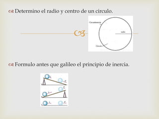 
 Determino el radio y centro de un circulo.
 Formulo antes que galileo el principio de inercia.
 