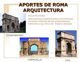 APORTES DE ROMA
         ARQUITECTURA
              Arcos triunfales
              Monumentos erigidos para conmemorar
              victorias militares de los emperadores
              romanos; p.ej. Arco de Trajano (abajo)




CONSTANTINO




              CARACALLA                      TITO
 